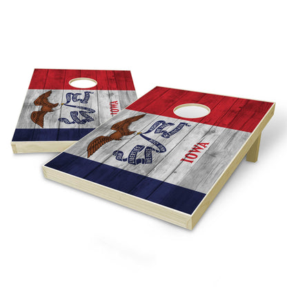 Iowa State Flag Tailgate Cornhole Set - Distressed Wood