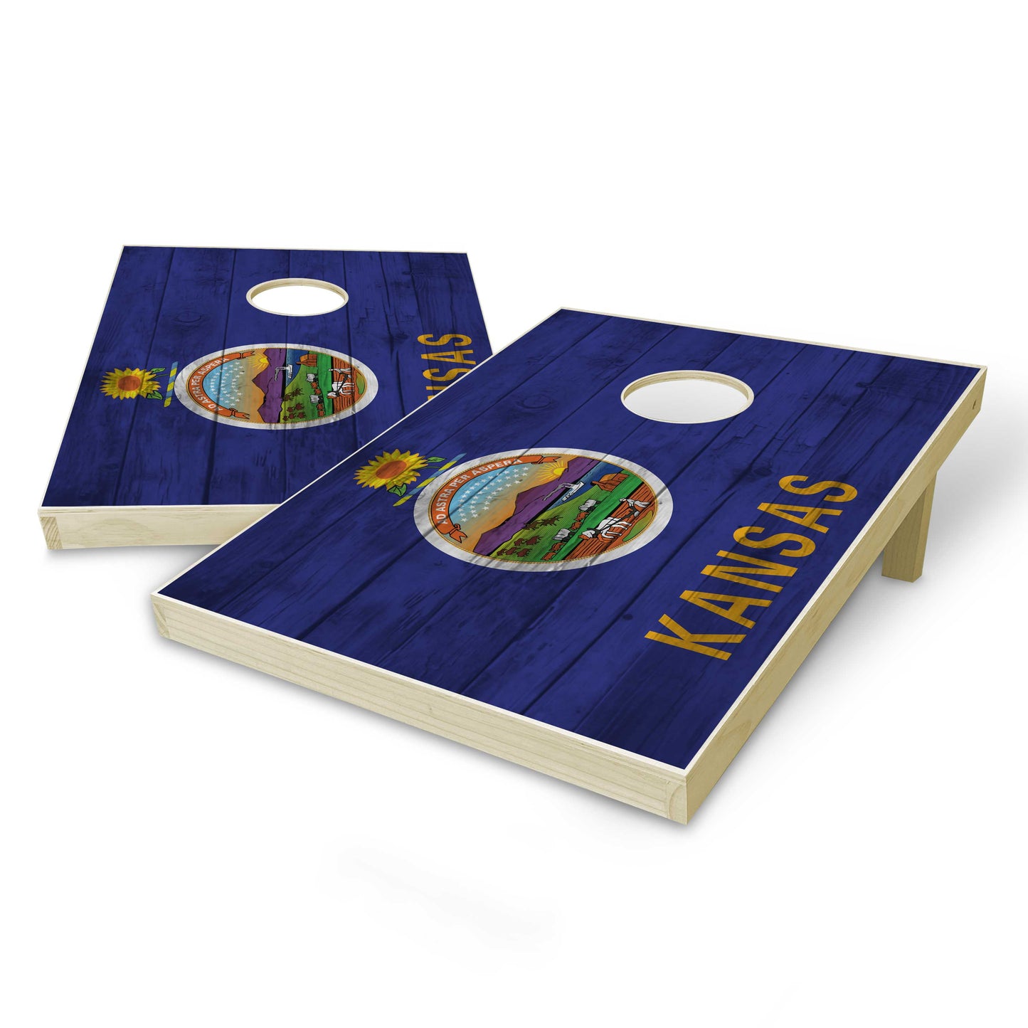Kansas State Flag Tailgate Cornhole Set - Distressed Wood
