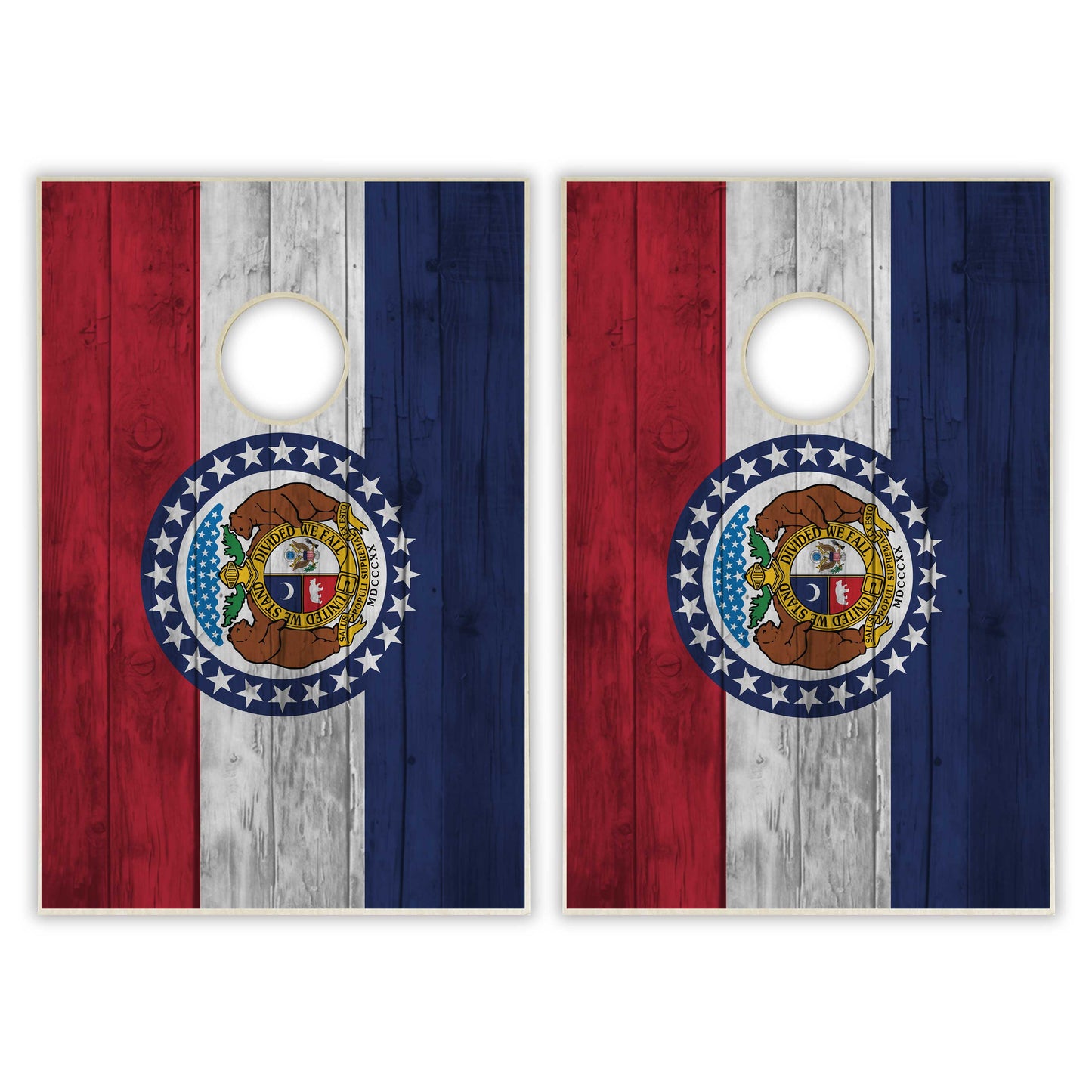 Missouri State Flag Tailgate Cornhole Set - Distressed Wood