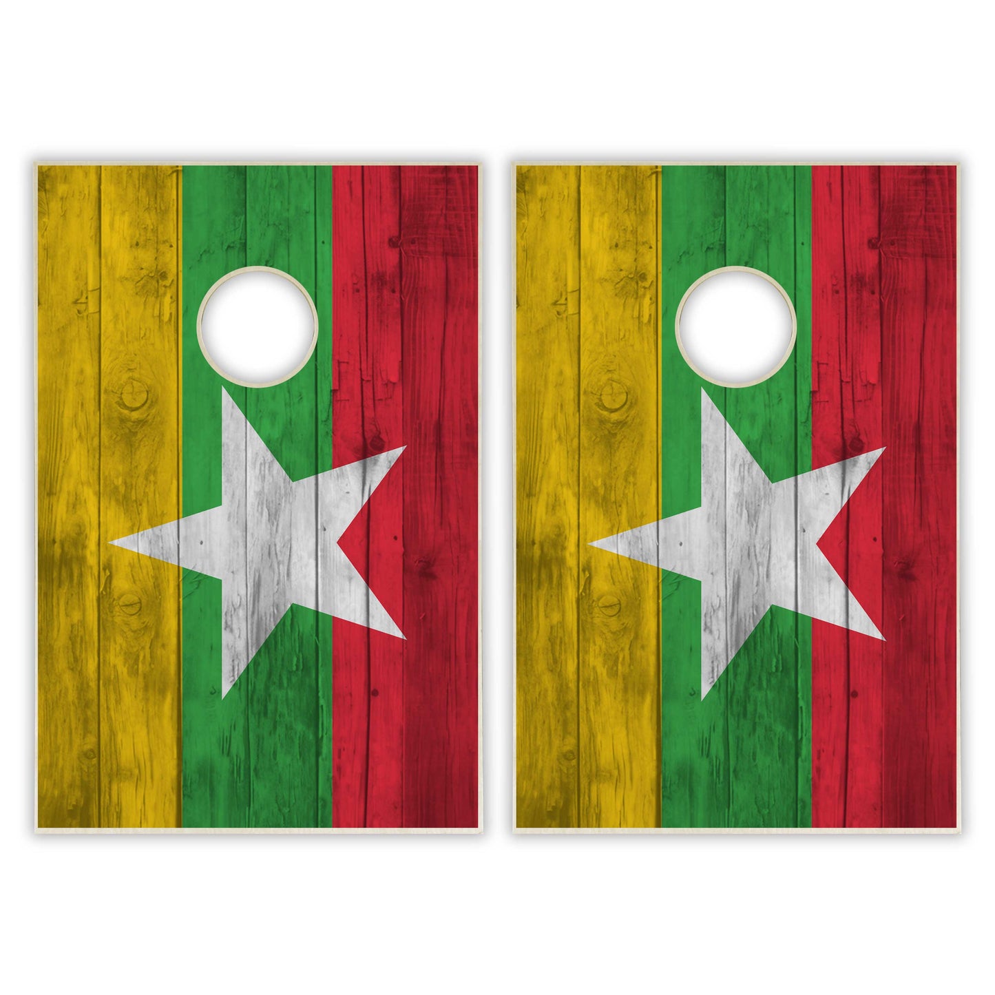 Myanmar Flag Tailgate Cornhole Set - Distressed Wood