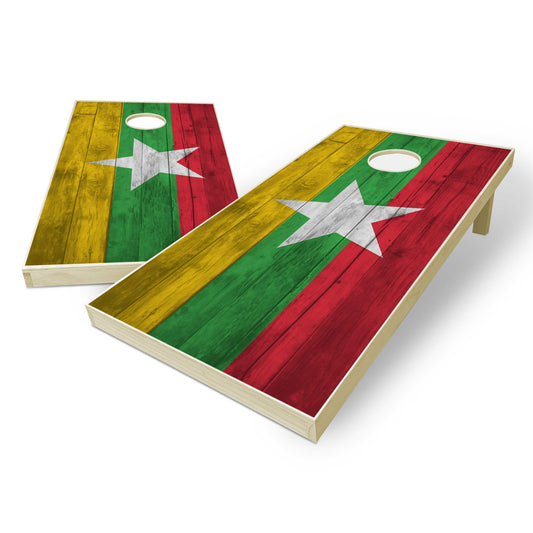 Myanmar Flag Cornhole Set - Distressed Wood