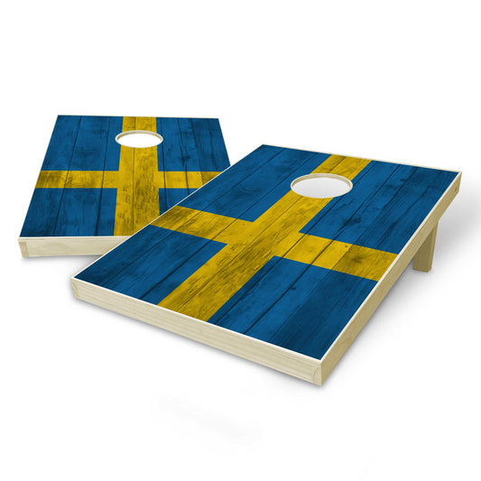 Sweden Flag Tailgate Cornhole Set - Distressed Wood