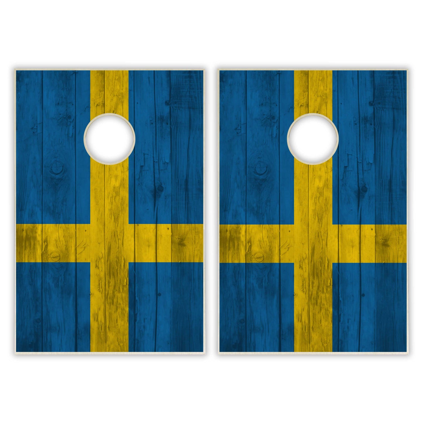 Sweden Flag Tailgate Cornhole Set - Distressed Wood