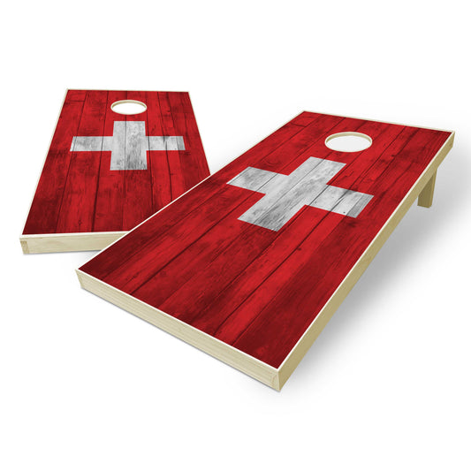 Switzerland Flag Cornhole Set - Distressed Wood
