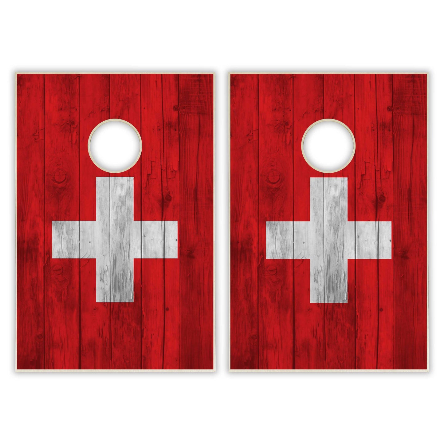 Switzerland Flag Tailgate Cornhole Set - Distressed Wood