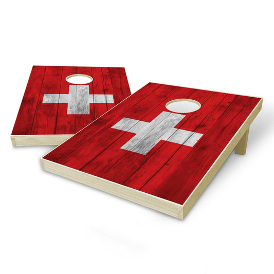 Switzerland Flag Tailgate Cornhole Set - Distressed Wood