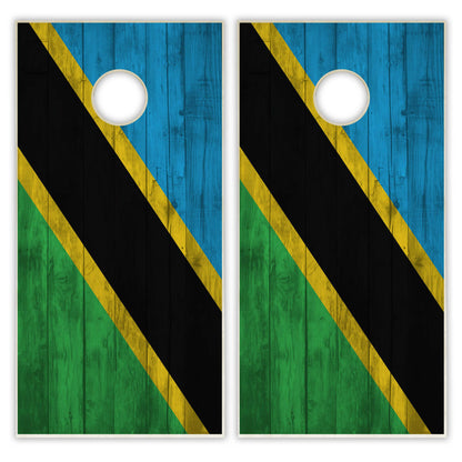 Tanzania Flag Cornhole Set - Distressed Wood