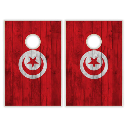Tunesia Flag Tailgate Cornhole Set - Distressed Wood