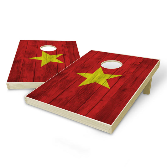 Vietnam Flag Tailgate Cornhole Set - Distressed Wood