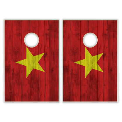 Vietnam Flag Tailgate Cornhole Set - Distressed Wood