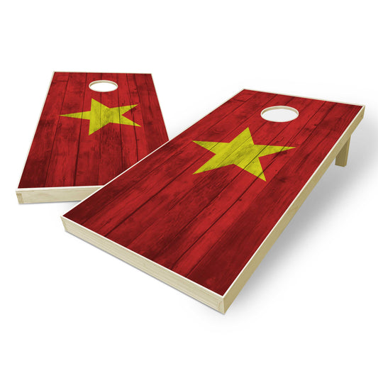 Vietnam Flag Cornhole Set - Distressed Wood