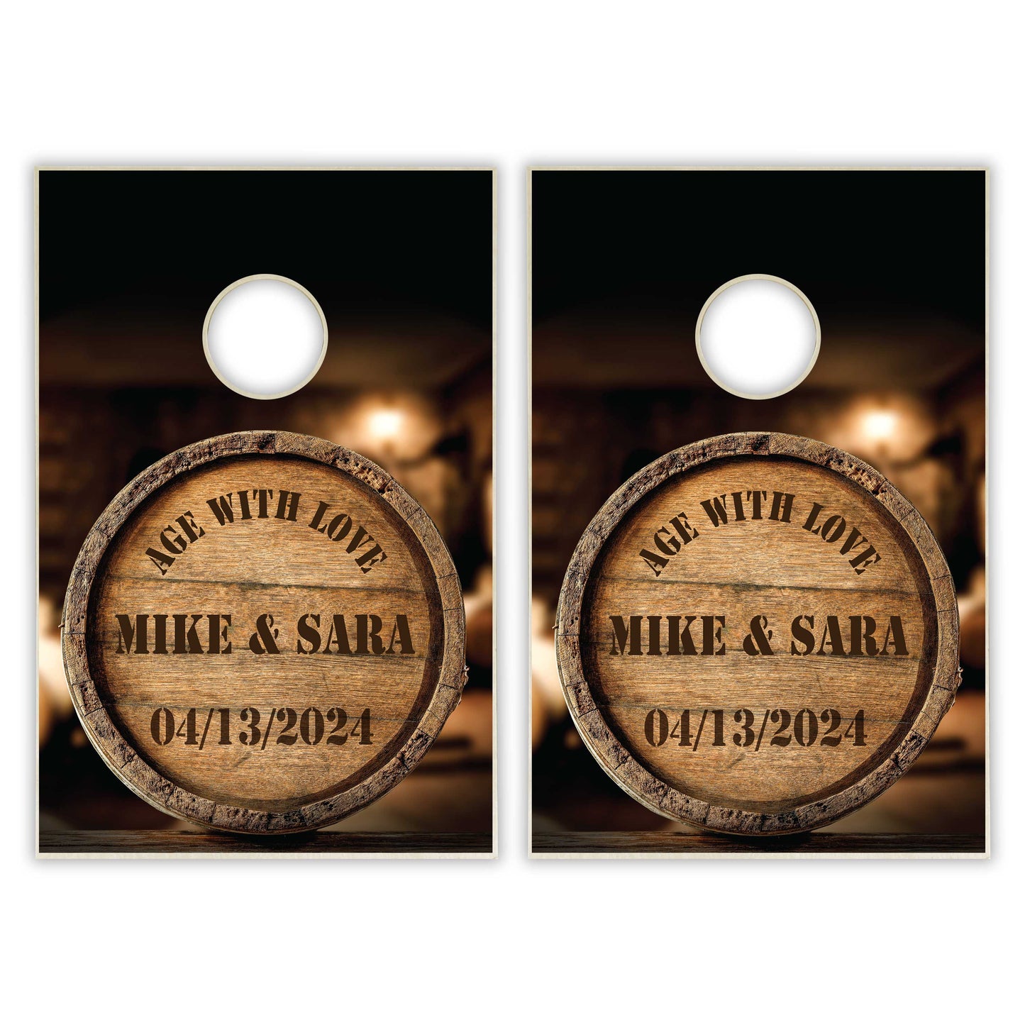 Customized Whiskey Barrel Tailgate Cornhole Set