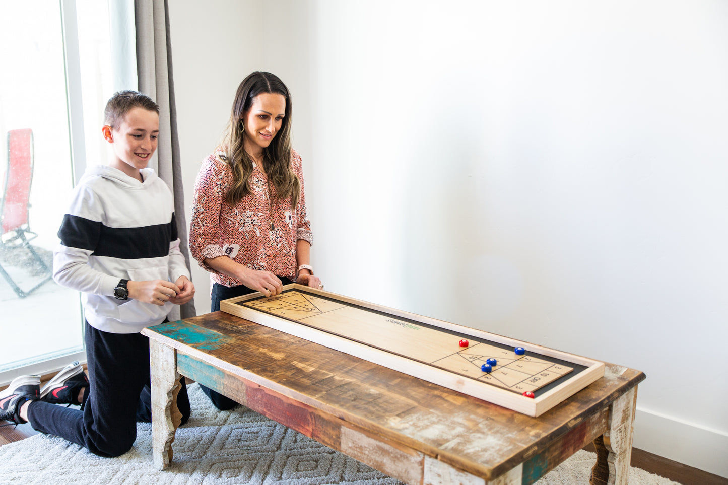 Curling and Shuffleboard 2 in 1 Table Top Game with 8 Rolling Discs