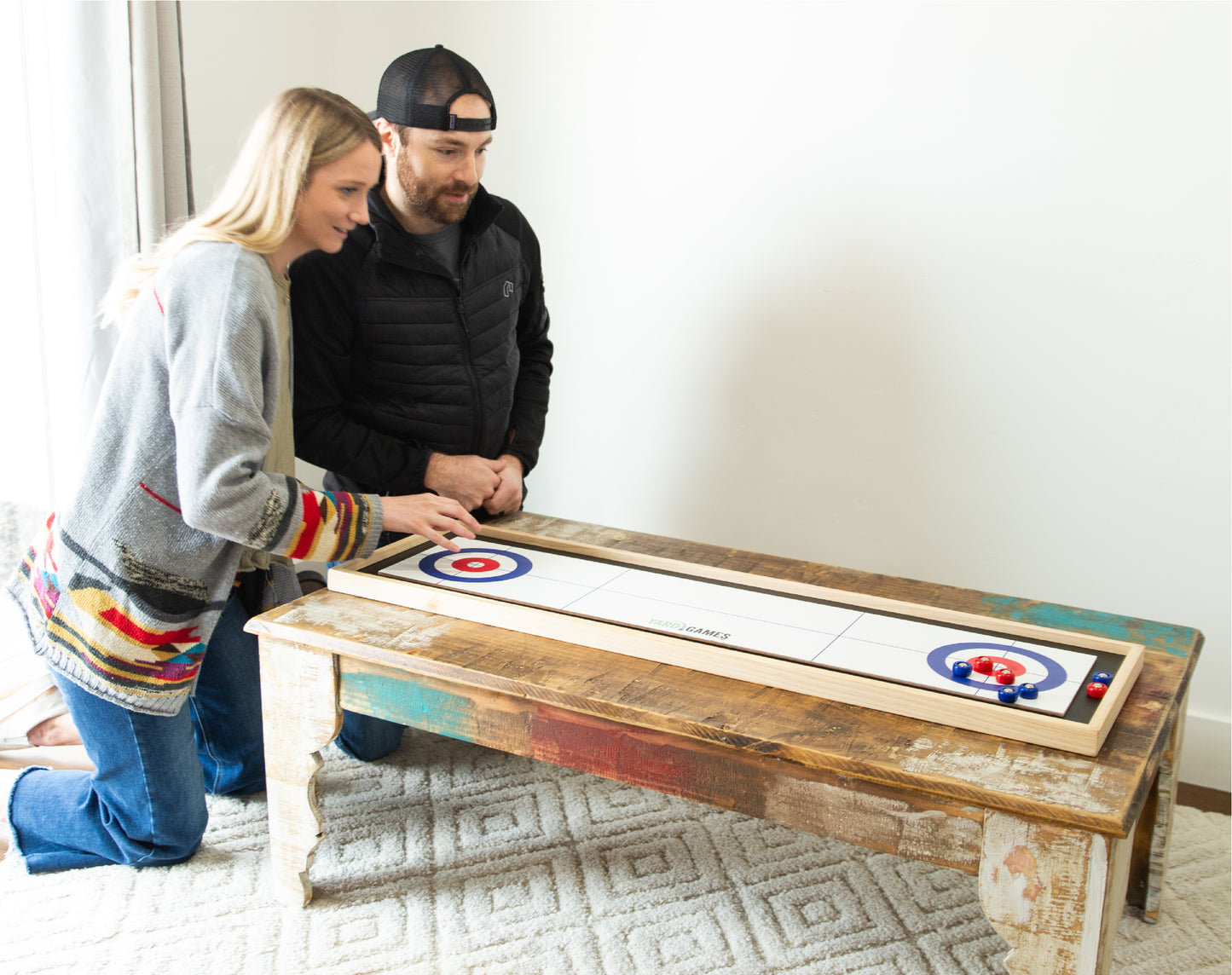 Curling and Shuffleboard 2 in 1 Table Top Game with 8 Rolling Discs